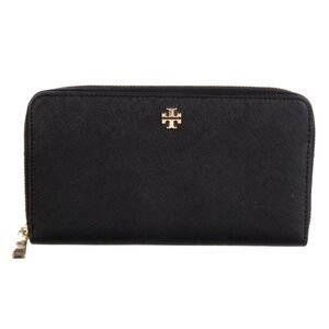 Tory Burch Saffiano Leather Continental Wallet Black Zip-Around with Gold Accent